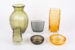 A collection of assorted Whitefriars glass vasesincluding a large green glass naturalistic vase, an