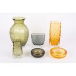 A collection of assorted Whitefriars glass vases
including a large green glass naturalistic vase, an