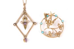An Edwardian turquoise and pearl swallow circular pendanttogether with an amethyst and pearl drop