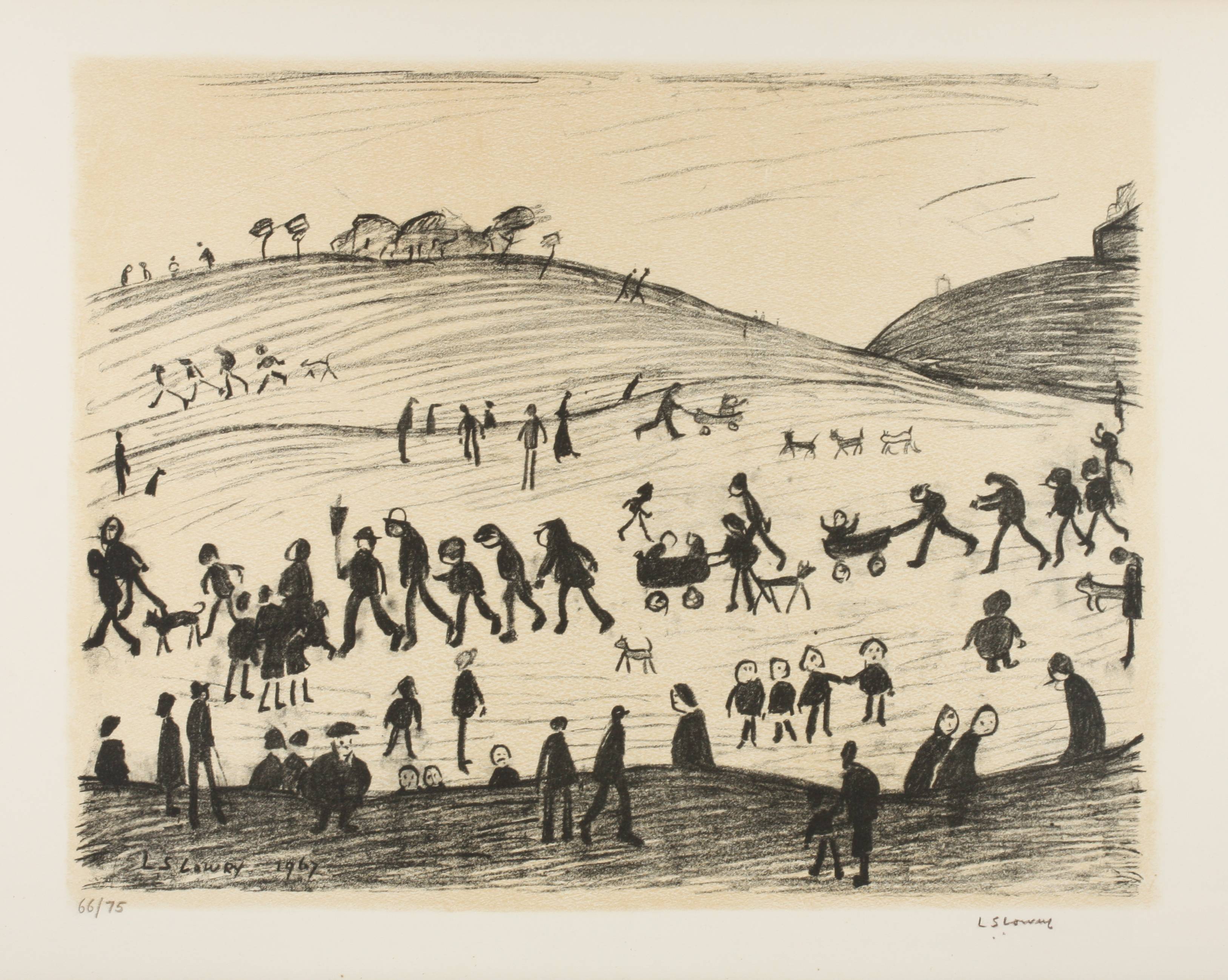 Laurence Stephen Lowry, RA (British 1887-1976) 
'A Hillside' two tone lithograph in black on fawn,