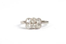 An Art Deco 18ct white gold, platinum and diamond six stone ringset with old cut diamonds
