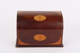 An Edwardian mahogany inlaid stationery boxthe domed top lid and front with oval fan inlay, opening