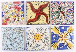 Six painted Salvador Dali tilesthe square colourful tiles painted in semi-abstract patterns