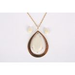 A large 9ct gold mounted opal pendant on chain
the opal of pear shaped form, in an oval mount,