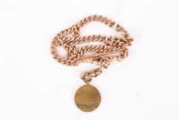 A 9ct rose gold curb link fob chainwith 'The People Olympia Show Cage Birds' medallion , weight