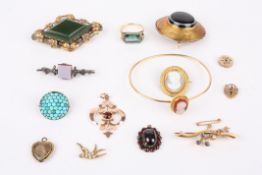 A collection of Victorian yellow metal jewellery including an early Victorian carved hardstone cameo