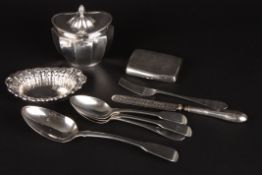 A collection of assorted silver itemsincluding a Sheffield silver tea caddy, a pierced pin dish,