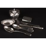 A collection of assorted silver items
including a Sheffield silver tea caddy, a pierced pin dish,