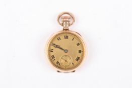 An early 20th century 9ct gold ladies fob watchhallmarked Birmingham 1920, with gilt dial and black