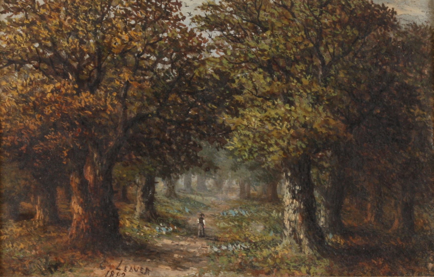 Charles Leaver (1824-1888) British
A figure walking along a wooded path, oil on panel, signed and