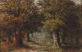 Charles Leaver (1824-1888) BritishA figure walking along a wooded path, oil on panel, signed and