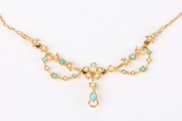 An Edwardian 18ct gold turquoise and pearl garland necklacethe central floral pearl cluster between