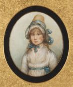 A miniature oval portrait of a young girlinitialled in pencil G.S and dated 1756, the young woman