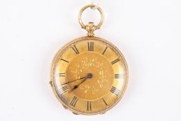A late 19th century Continental 18ct gold fob watchwith gilt dial and black Roman numerals and