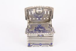 An unusual 19th century Russian silver and enamel novelty vesta in the form of a settlewith