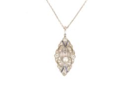 A delicate Edwardian sapphire, diamond and pearl pendantthe pendant scroll set with sapphires and