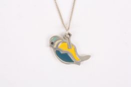 A contemporary silver and enamel blue tit pendanthallmarked Sheffield 1977, of stylised form, on