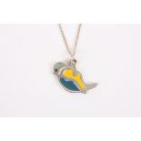 A contemporary silver and enamel blue tit pendant
hallmarked Sheffield 1977, of stylised form, on