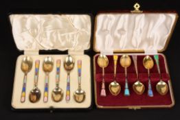 Two cased sets of of silver gilt and enamel coffee spoonsone set hallmarked Birmingham 1932, the