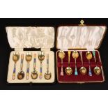 Two cased sets of of silver gilt and enamel coffee spoons
one set hallmarked Birmingham 1932, the