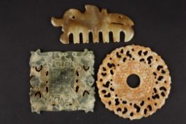 A Chinese 20th Century carved cinnamon flecked cream jade bitogether with a square translucent