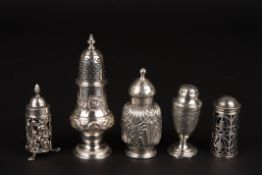 A collection of 5 antique silver pepperettesincluding a London 1794 embossed pepperette, two with