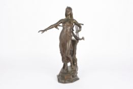 Édouard Drouot (1859-1945) Frencha bronze model of a classical lady playing a small harp, wearing a