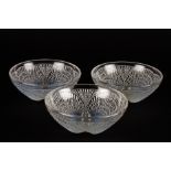 A set of 3 small Lalique Coquilles opalescent glass dishes
decorated with four scallop shaped