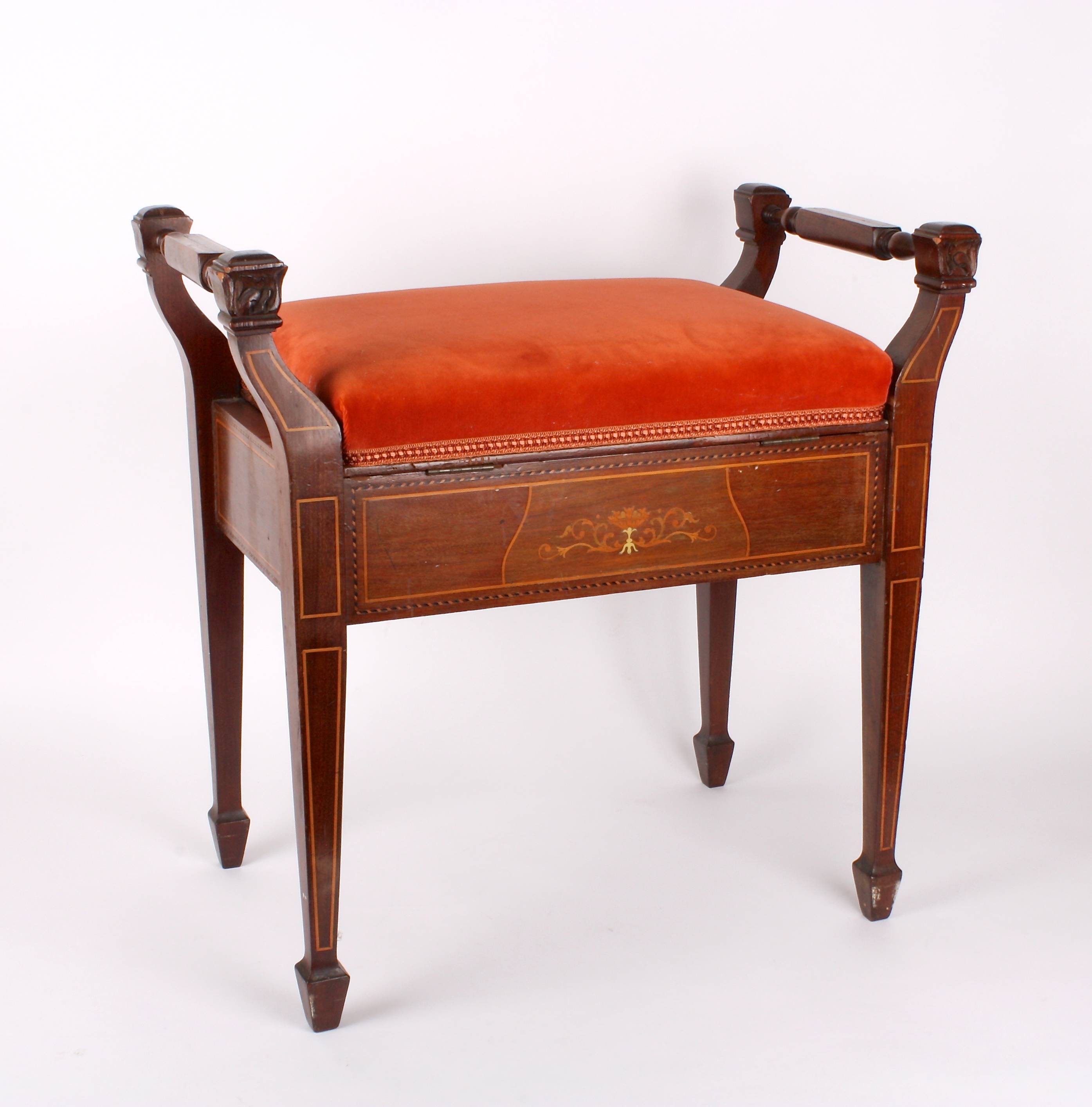 An Edwardian mahogany inlaid piano stool
with twin handles and upholstered rising top, supported - Image 2 of 2