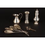 A collection of assorted silver items and a lorgnette
comprising a silver sugar sifter, a silver