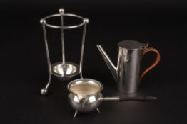 Three silver plated items including a cafe au lait pottogether with a small brandy pan and a tripod