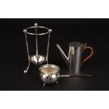 Three silver plated items including a cafe au lait pot
together with a small brandy pan and a tripod