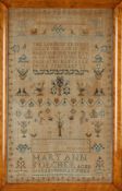 A large early 19th century samplerdated 1808, embroidered in coloured threads by Mary Ann aged 13