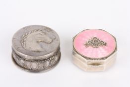 A pink guilloche pink enamel silver pill boxContinental with makers initials G.S. together with