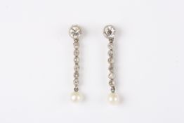 A pair of diamond and pearl drop earringswith butterfly backs, overall length 2.5cmCondition: