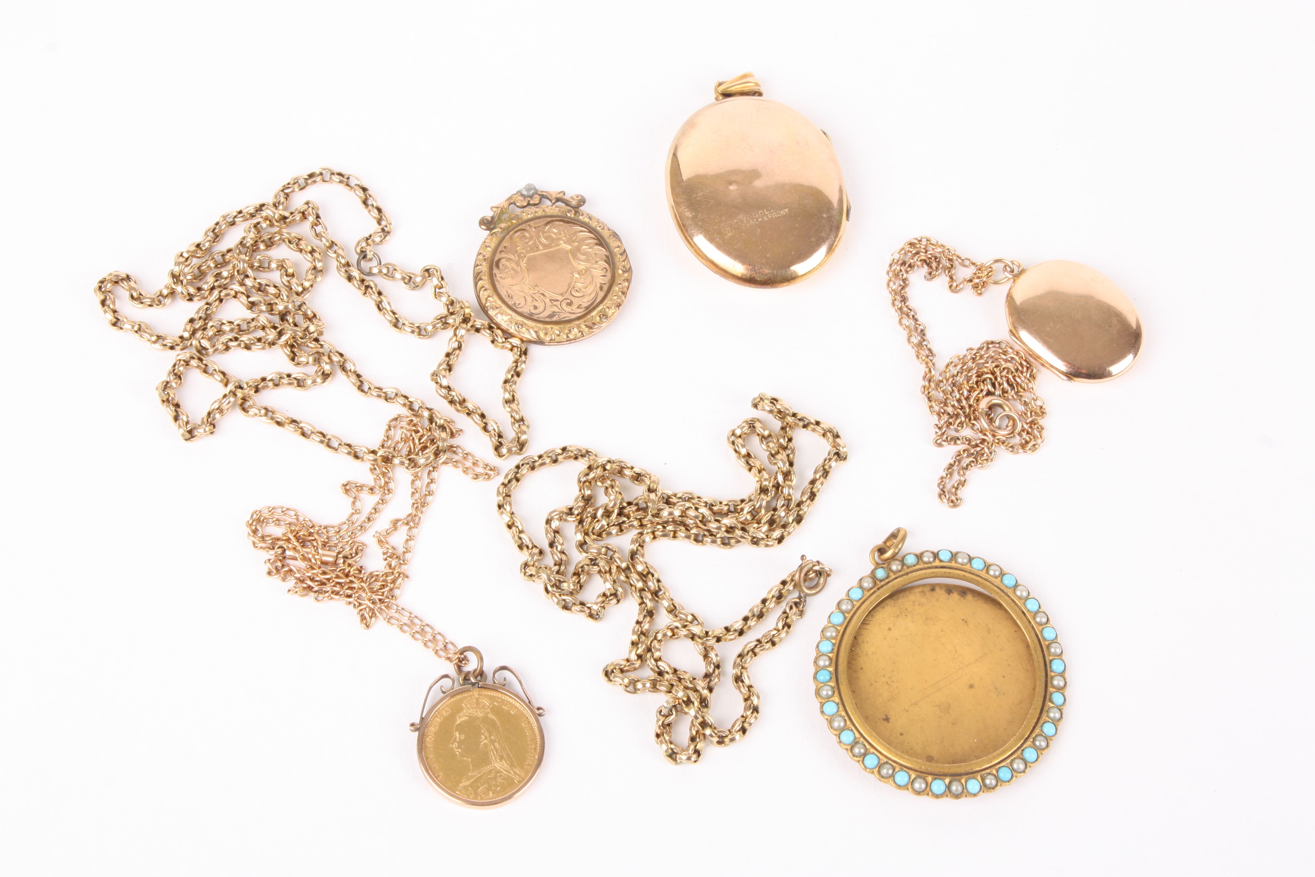 A Victorian half sovereign pendant on gold rope twist chain
together with a 9ct locket on chain