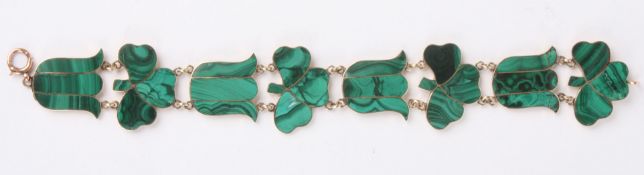 A Victorian malachite braceletset with harebell and shamrock flower heads mounted in 9ct gold., 7