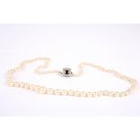 A 1920s cultured pearl graduated necklace
set with a square sapphire and diamond  clasp, the central