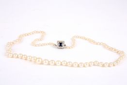 A 1920s cultured pearl graduated necklaceset with a square sapphire and diamond  clasp, the central