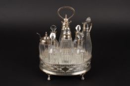 A silver and glass condiment set hallmarked Birmingham 1881, with single oil decanter, single