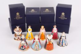 A set of eight Royal Worcester porcelain snuffersCatherine Parr, Jane Seymour, Elizabeth I, Anne of