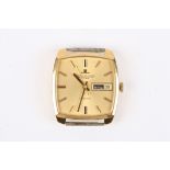 An 18ct gold Jaeger le Coultre automatic wrist watch, 
the cushion shaped gilded dial with baton