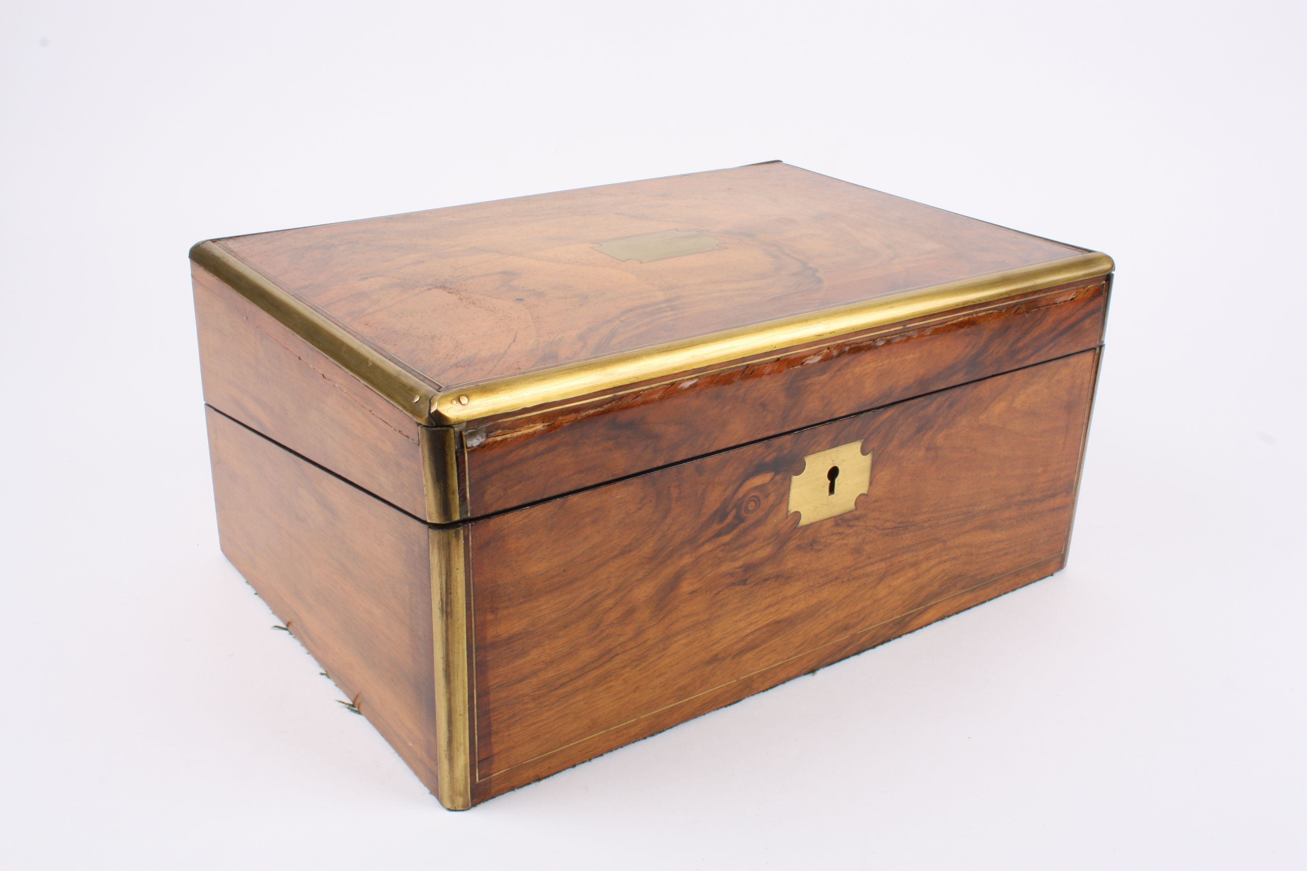 A Victorian figured walnut writing box
with brass bound edges and cartouche, and fitted interior., - Image 3 of 3