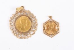 A 1959 22ct gold full sovereign and a 22ct gold 1/10 Krugerandboth in 9ct gold pendant mounts.,