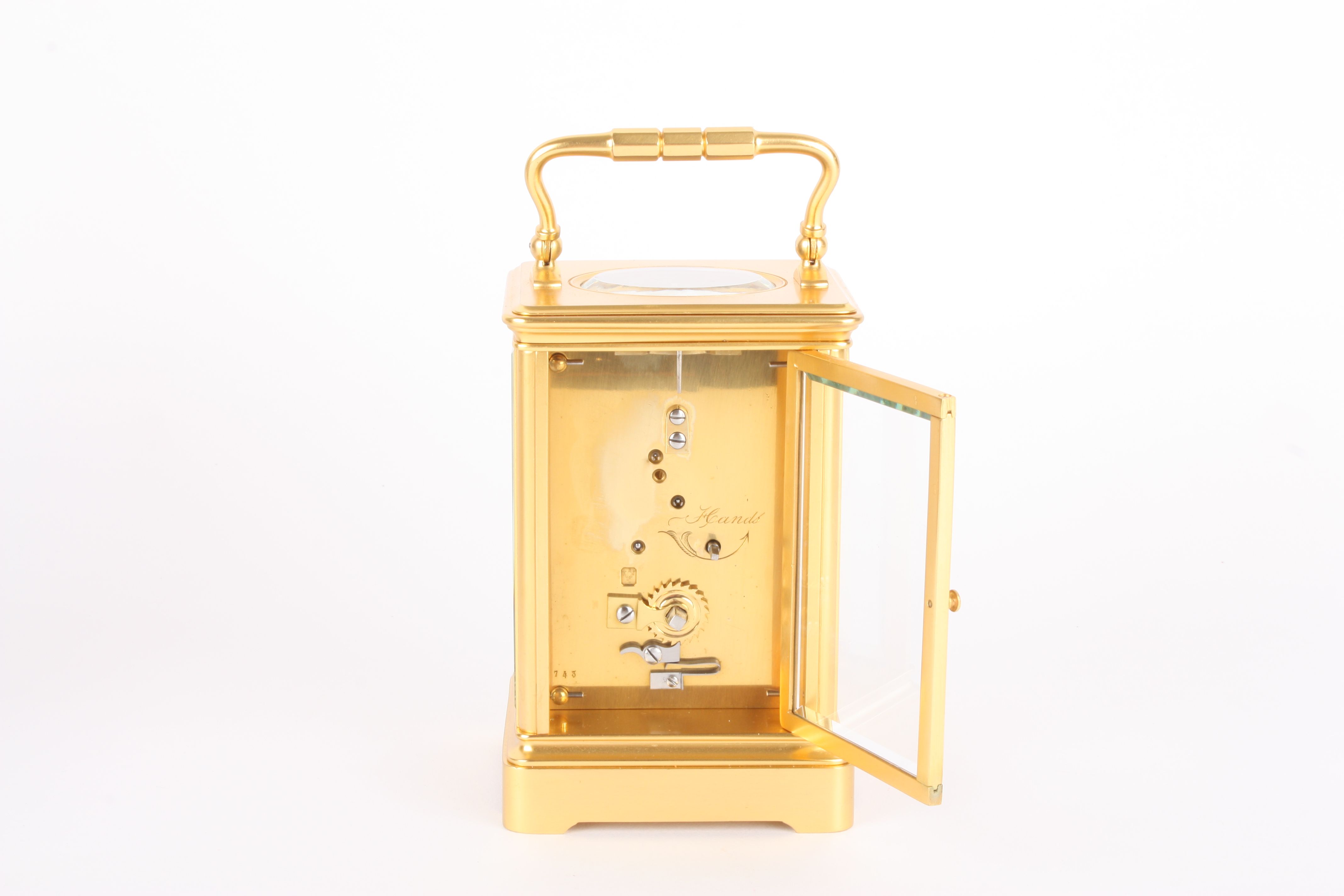 A late 19th century French gilt brass carriage clock timepiece by Henri Jacot
the white enamel - Image 4 of 5