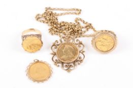 A group of three mounted full 22ct gold sovereigns and a half sovereigncomprising 1900 full