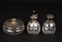 A George V three piece silver dressing table sethallmarked London 1931, with engine turned