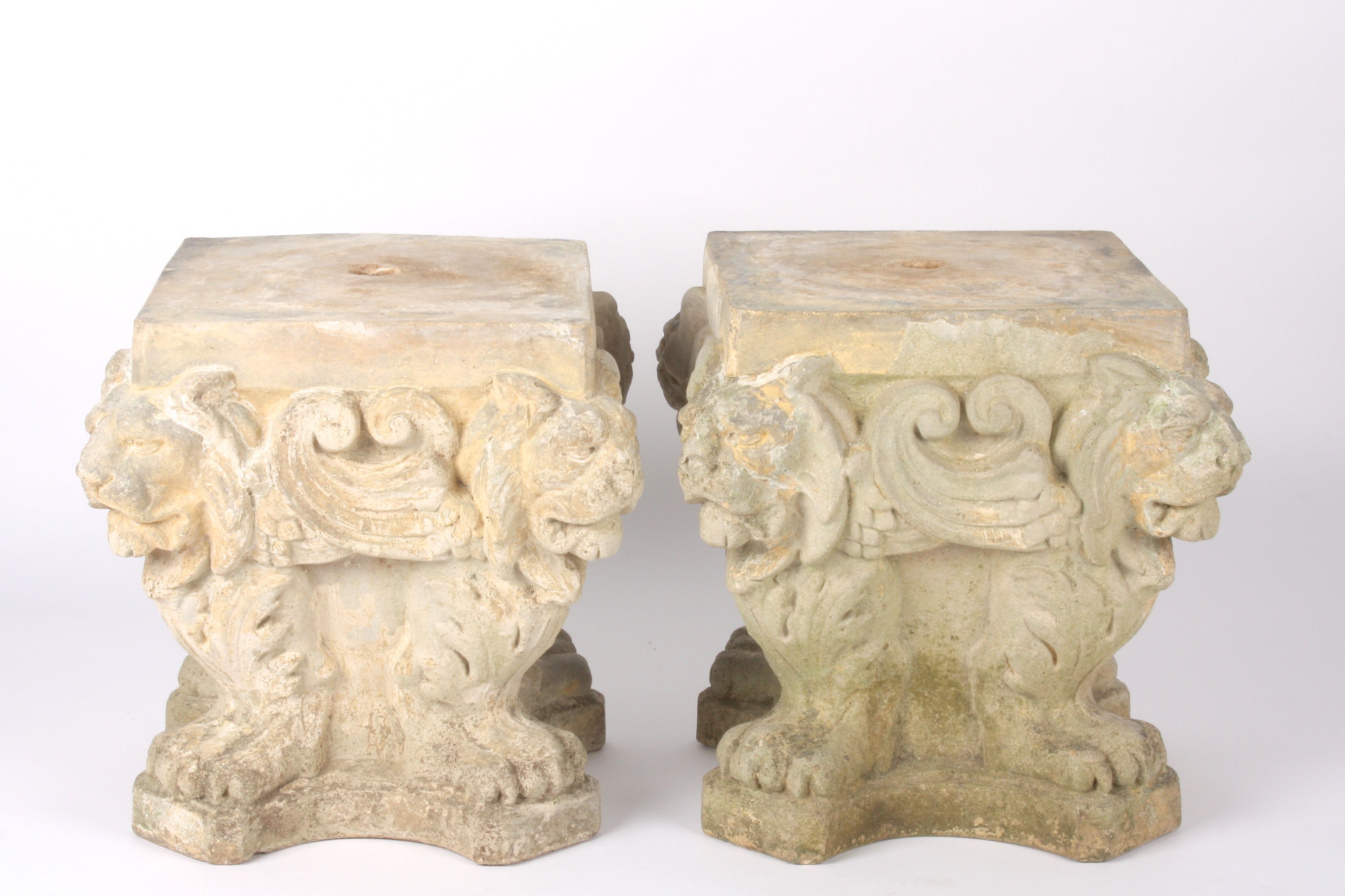 A large and unusual pair of Doulton Lambeth stoneware pedestals
circa 1913
of square form, mounted