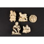 A collection of Oriental bone and ivory carvings including a Japanese figural netsuke, a small