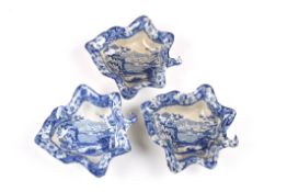 Three Riley's Semi-China blue and white pickle dishesof leaf shape form, transfer printed with